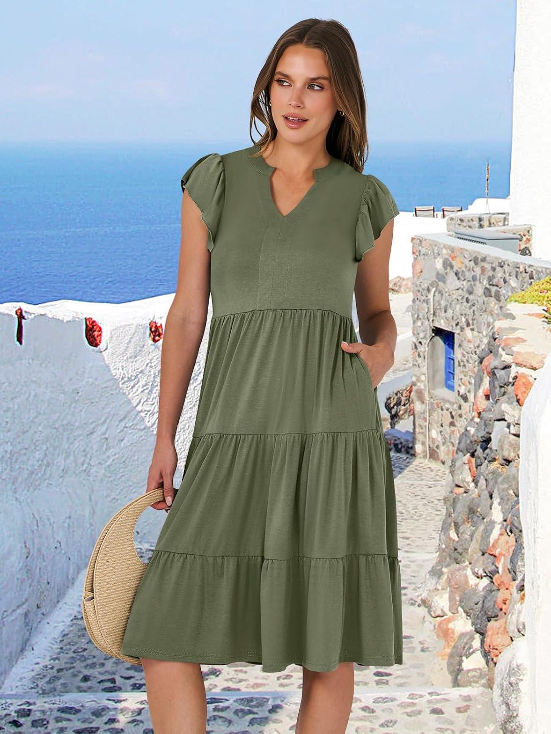 imageANRABESS Womens Summer Dress Ruffle Sleeve V Neck Midi Dresses Fashion Casual Fit Flowy Tiered Boho Beach Vacation SundressOlive