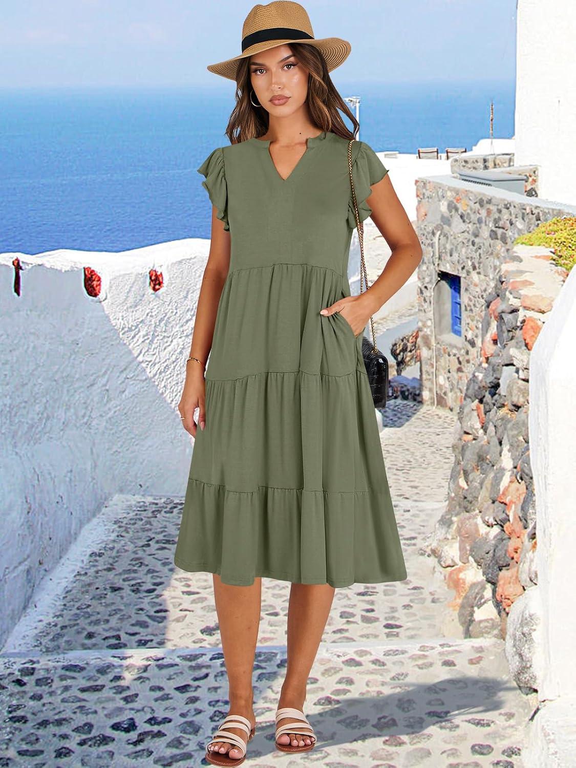 imageANRABESS Womens Summer Dress Ruffle Sleeve V Neck Midi Dresses Fashion Casual Fit Flowy Tiered Boho Beach Vacation SundressOlive