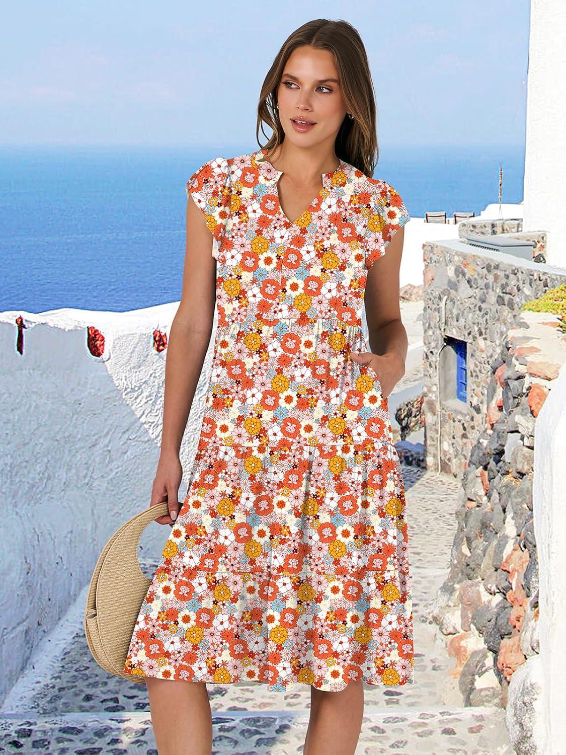 imageANRABESS Womens Summer Dress Ruffle Sleeve V Neck Midi Dresses Fashion Casual Fit Flowy Tiered Boho Beach Vacation SundressOrange Floral