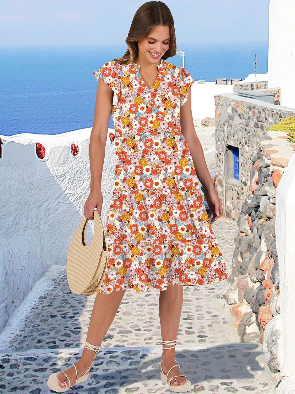 imageANRABESS Womens Summer Dress Ruffle Sleeve V Neck Midi Dresses Fashion Casual Fit Flowy Tiered Boho Beach Vacation SundressOrange Floral