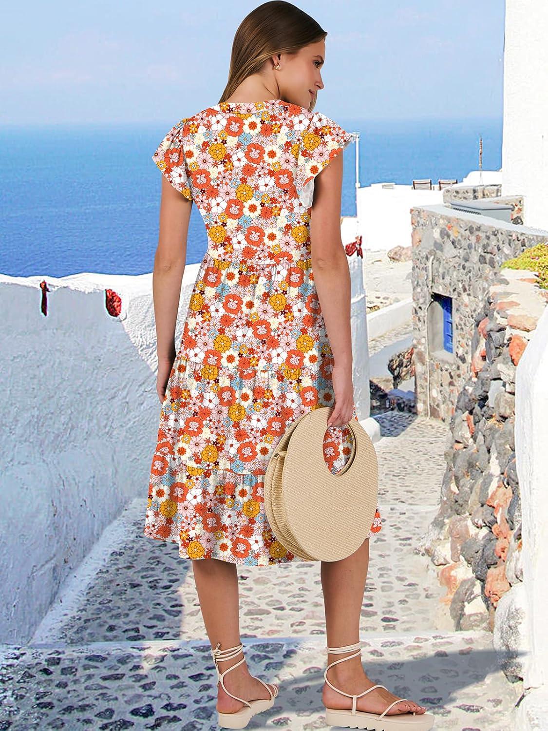 imageANRABESS Womens Summer Dress Ruffle Sleeve V Neck Midi Dresses Fashion Casual Fit Flowy Tiered Boho Beach Vacation SundressOrange Floral