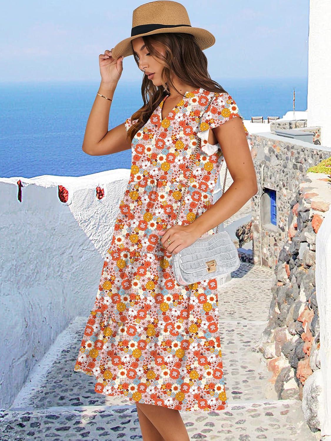 imageANRABESS Womens Summer Dress Ruffle Sleeve V Neck Midi Dresses Fashion Casual Fit Flowy Tiered Boho Beach Vacation SundressOrange Floral