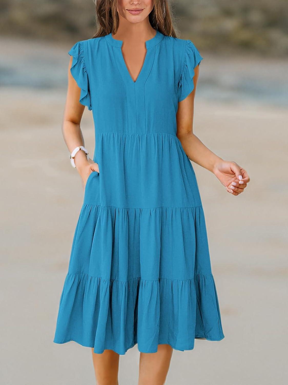 imageANRABESS Womens Summer Dress Ruffle Sleeve V Neck Midi Dresses Fashion Casual Fit Flowy Tiered Boho Beach Vacation SundressSky Blue