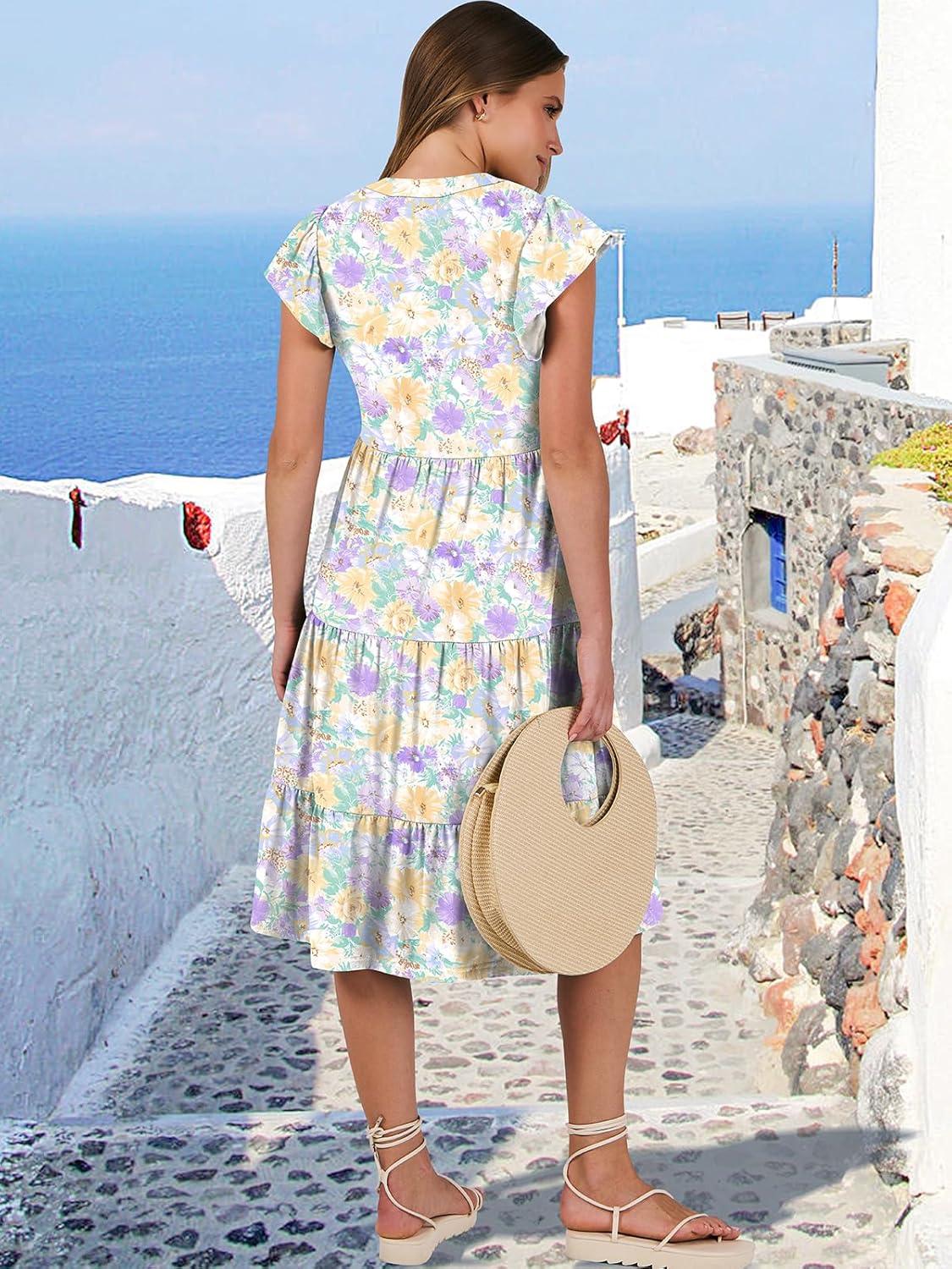 imageANRABESS Womens Summer Dress Ruffle Sleeve V Neck Midi Dresses Fashion Casual Fit Flowy Tiered Boho Beach Vacation SundressYellow Purple Floral