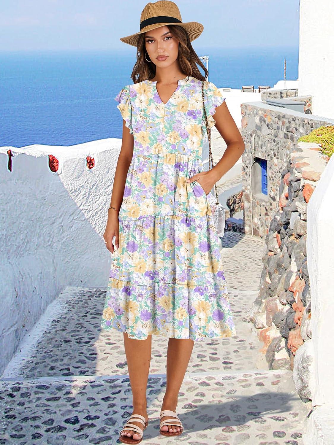 imageANRABESS Womens Summer Dress Ruffle Sleeve V Neck Midi Dresses Fashion Casual Fit Flowy Tiered Boho Beach Vacation SundressYellow Purple Floral