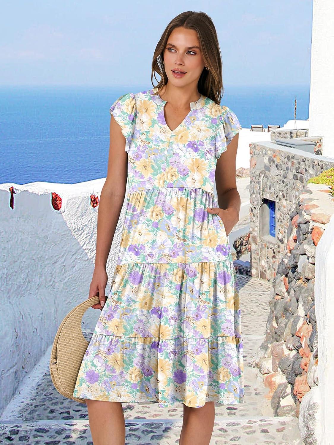 imageANRABESS Womens Summer Dress Ruffle Sleeve V Neck Midi Dresses Fashion Casual Fit Flowy Tiered Boho Beach Vacation SundressYellow Purple Floral