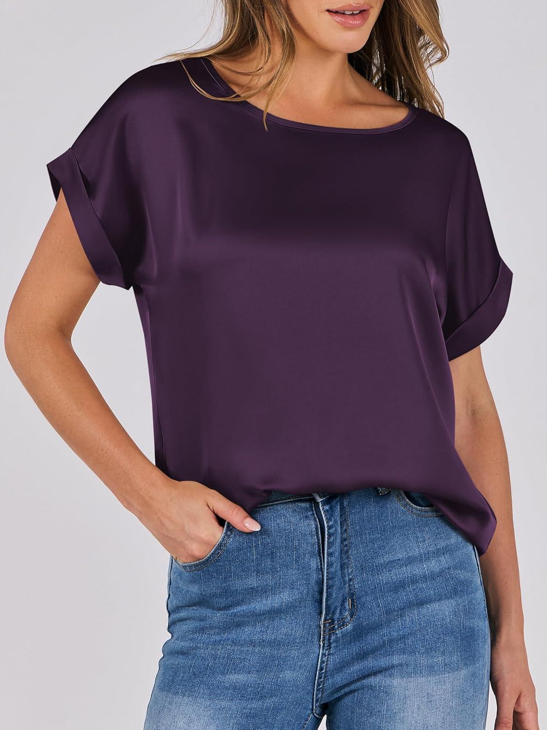imageANRABESS Womens Summer Dressy Casual Short Sleeve Shirts Crewneck Satin 2025 Business Office Work Blouse TopsDark Purple
