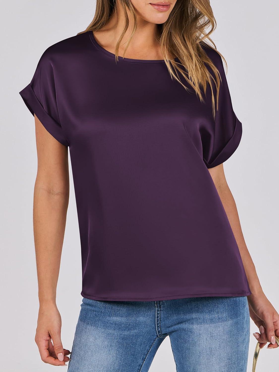imageANRABESS Womens Summer Dressy Casual Short Sleeve Shirts Crewneck Satin 2025 Business Office Work Blouse TopsDark Purple