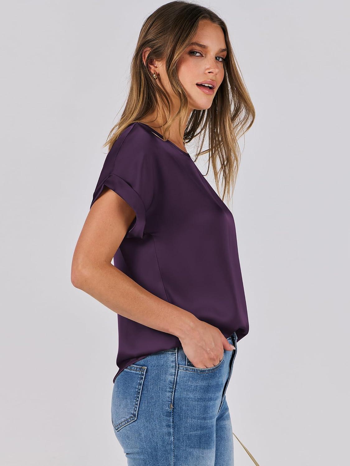 imageANRABESS Womens Summer Dressy Casual Short Sleeve Shirts Crewneck Satin 2025 Business Office Work Blouse TopsDark Purple