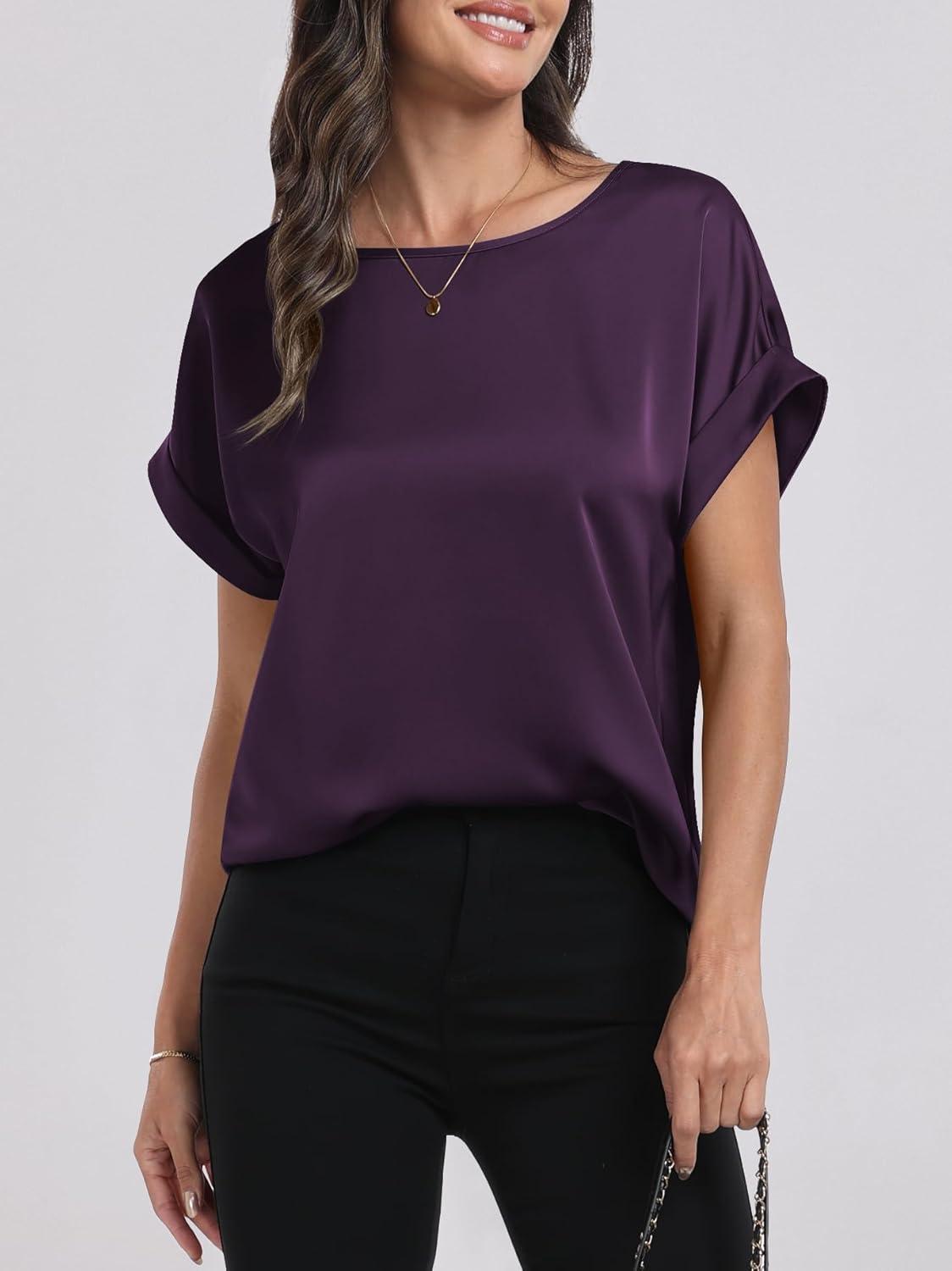 imageANRABESS Womens Summer Dressy Casual Short Sleeve Shirts Crewneck Satin 2025 Business Office Work Blouse TopsDark Purple