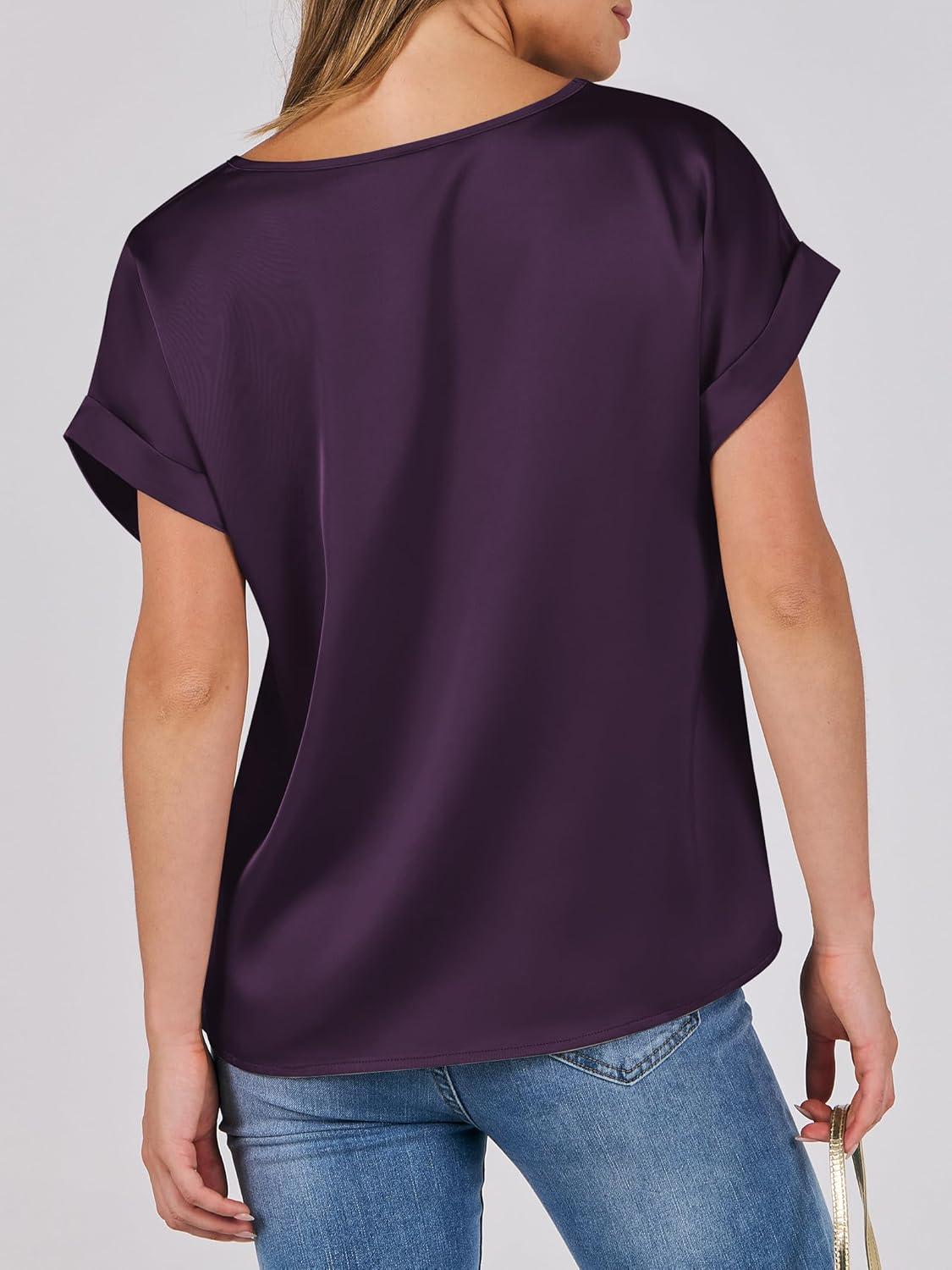 imageANRABESS Womens Summer Dressy Casual Short Sleeve Shirts Crewneck Satin 2025 Business Office Work Blouse TopsDark Purple