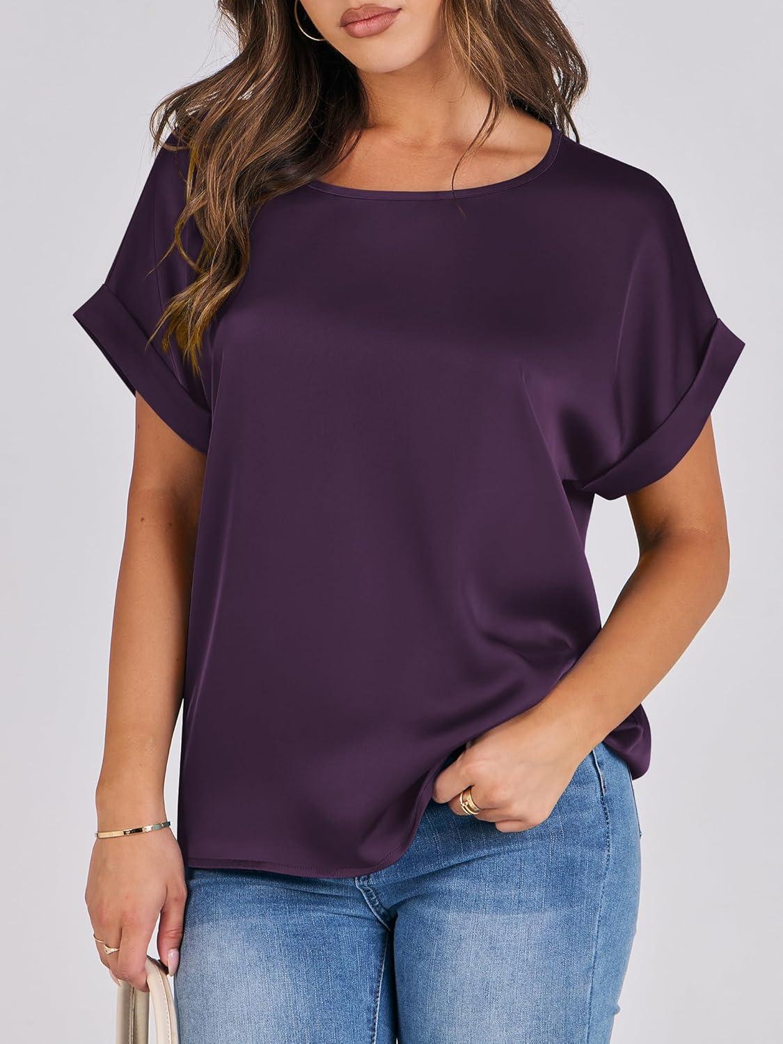 imageANRABESS Womens Summer Dressy Casual Short Sleeve Shirts Crewneck Satin 2025 Business Office Work Blouse TopsDark Purple