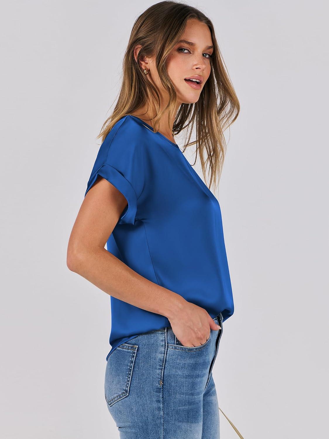 imageANRABESS Womens Summer Dressy Casual Short Sleeve Shirts Crewneck Satin 2025 Business Office Work Blouse TopsDeep Blue