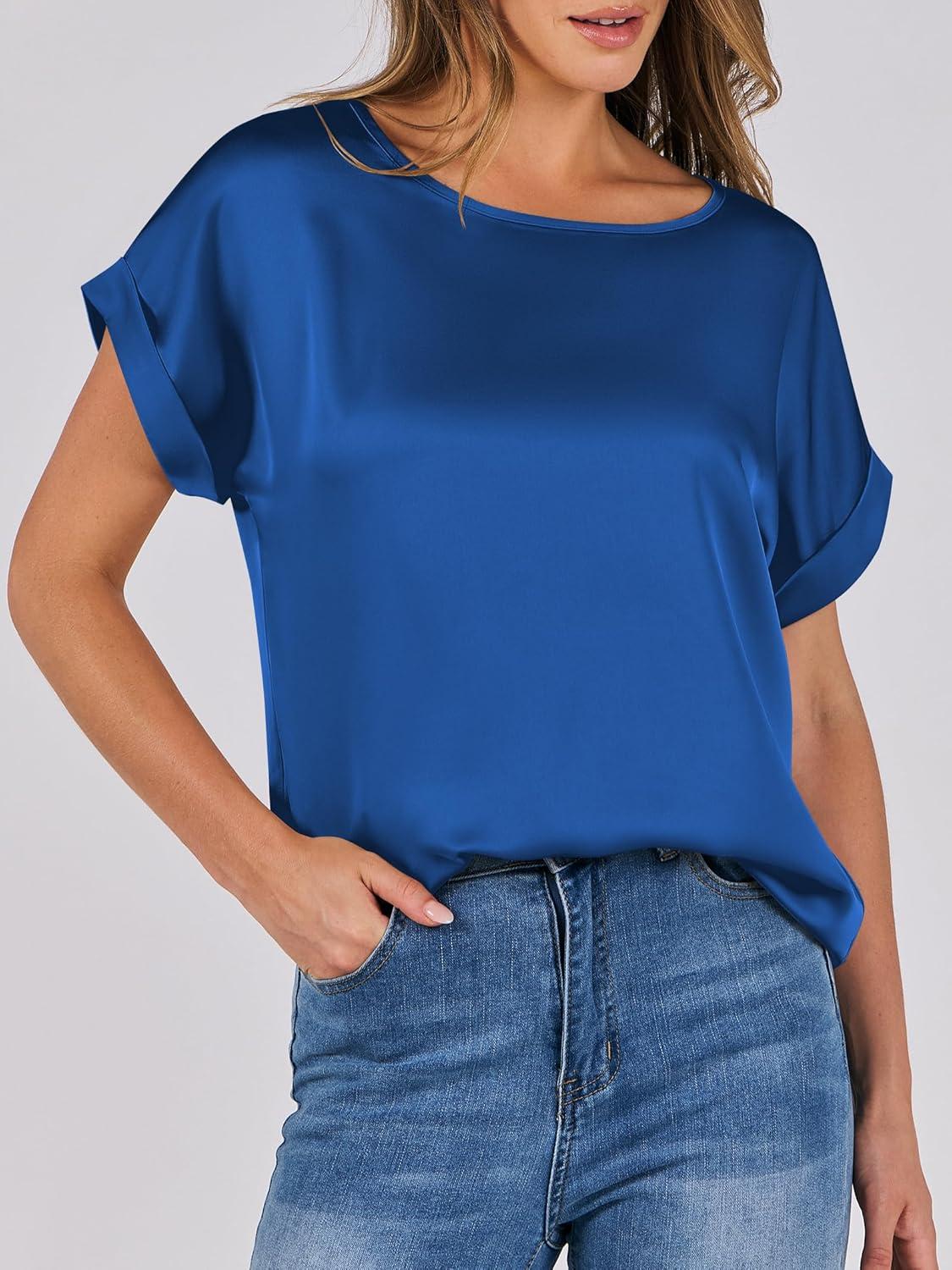 imageANRABESS Womens Summer Dressy Casual Short Sleeve Shirts Crewneck Satin 2025 Business Office Work Blouse TopsDeep Blue