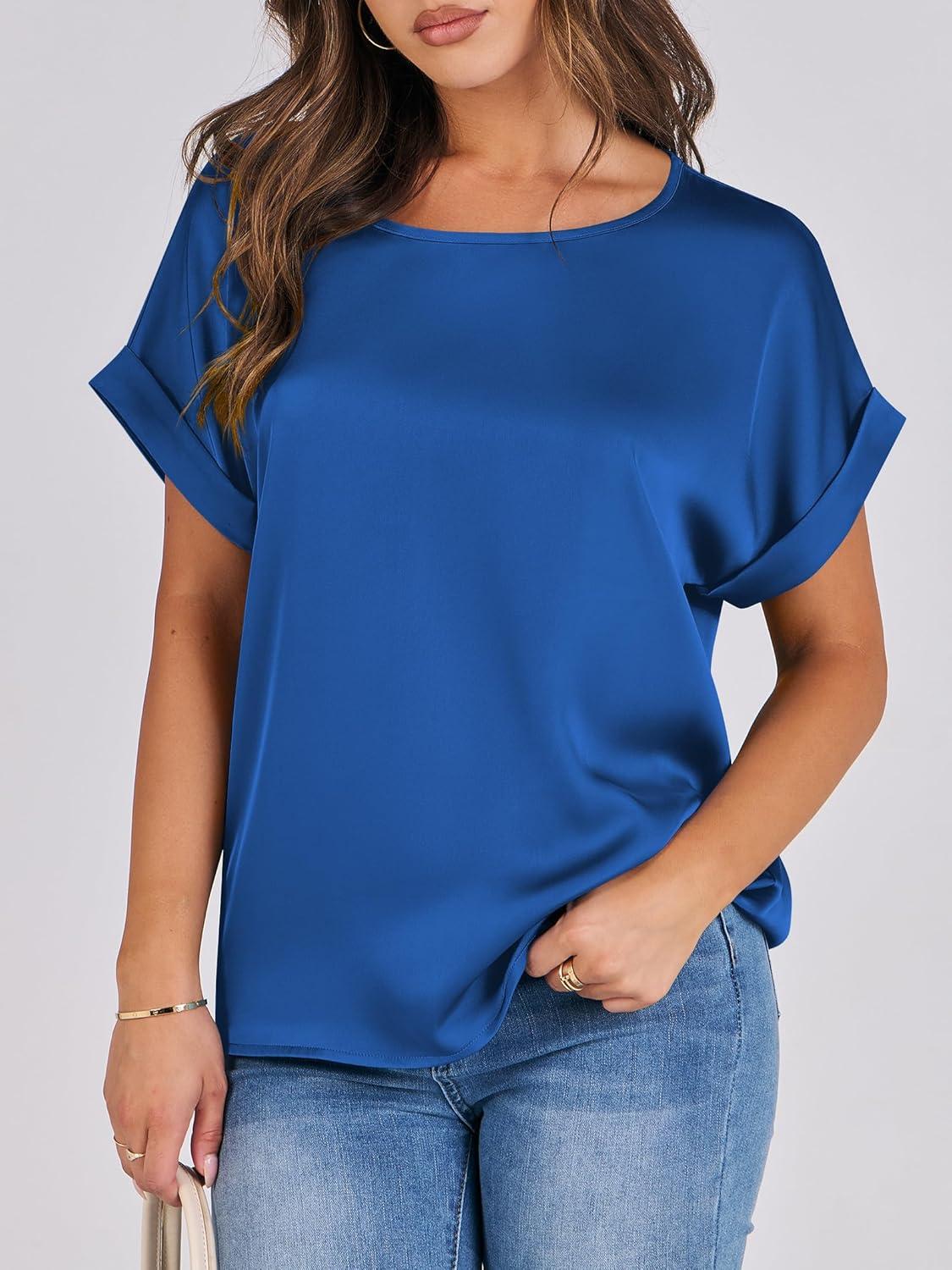 imageANRABESS Womens Summer Dressy Casual Short Sleeve Shirts Crewneck Satin 2025 Business Office Work Blouse TopsDeep Blue