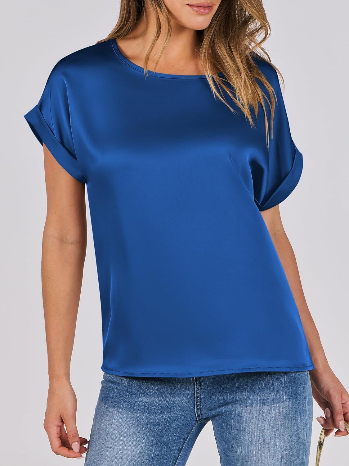 imageANRABESS Womens Summer Dressy Casual Short Sleeve Shirts Crewneck Satin 2025 Business Office Work Blouse TopsDeep Blue