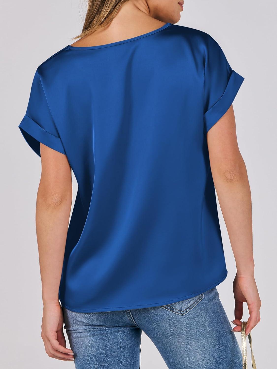imageANRABESS Womens Summer Dressy Casual Short Sleeve Shirts Crewneck Satin 2025 Business Office Work Blouse TopsDeep Blue