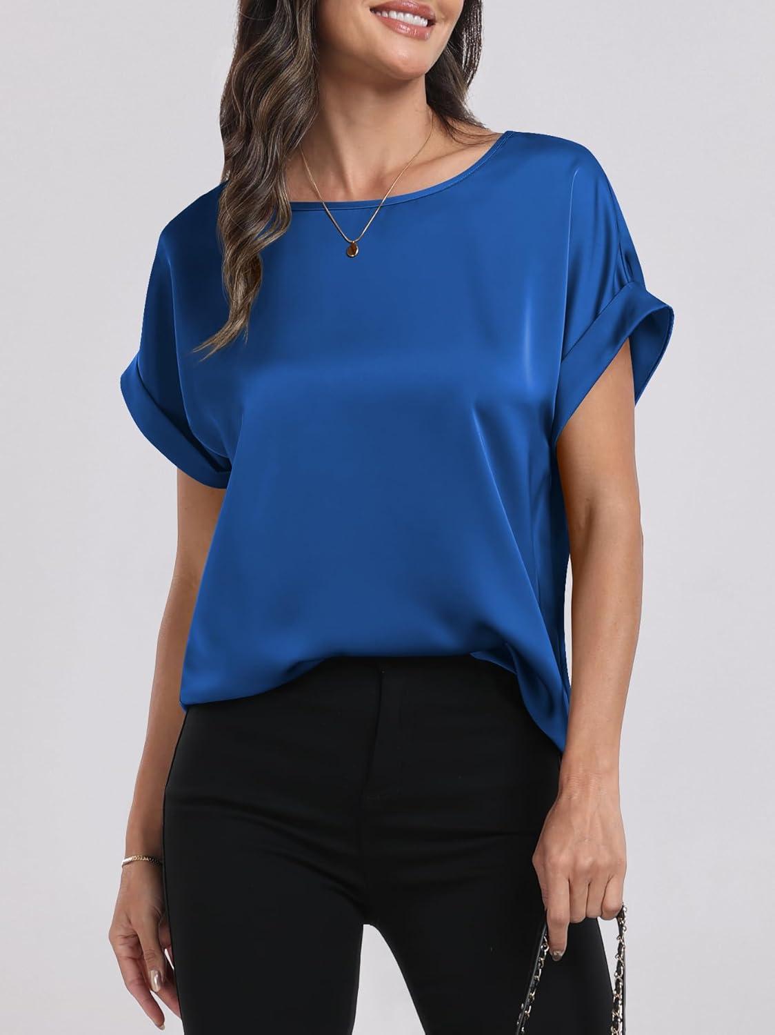 imageANRABESS Womens Summer Dressy Casual Short Sleeve Shirts Crewneck Satin 2025 Business Office Work Blouse TopsDeep Blue