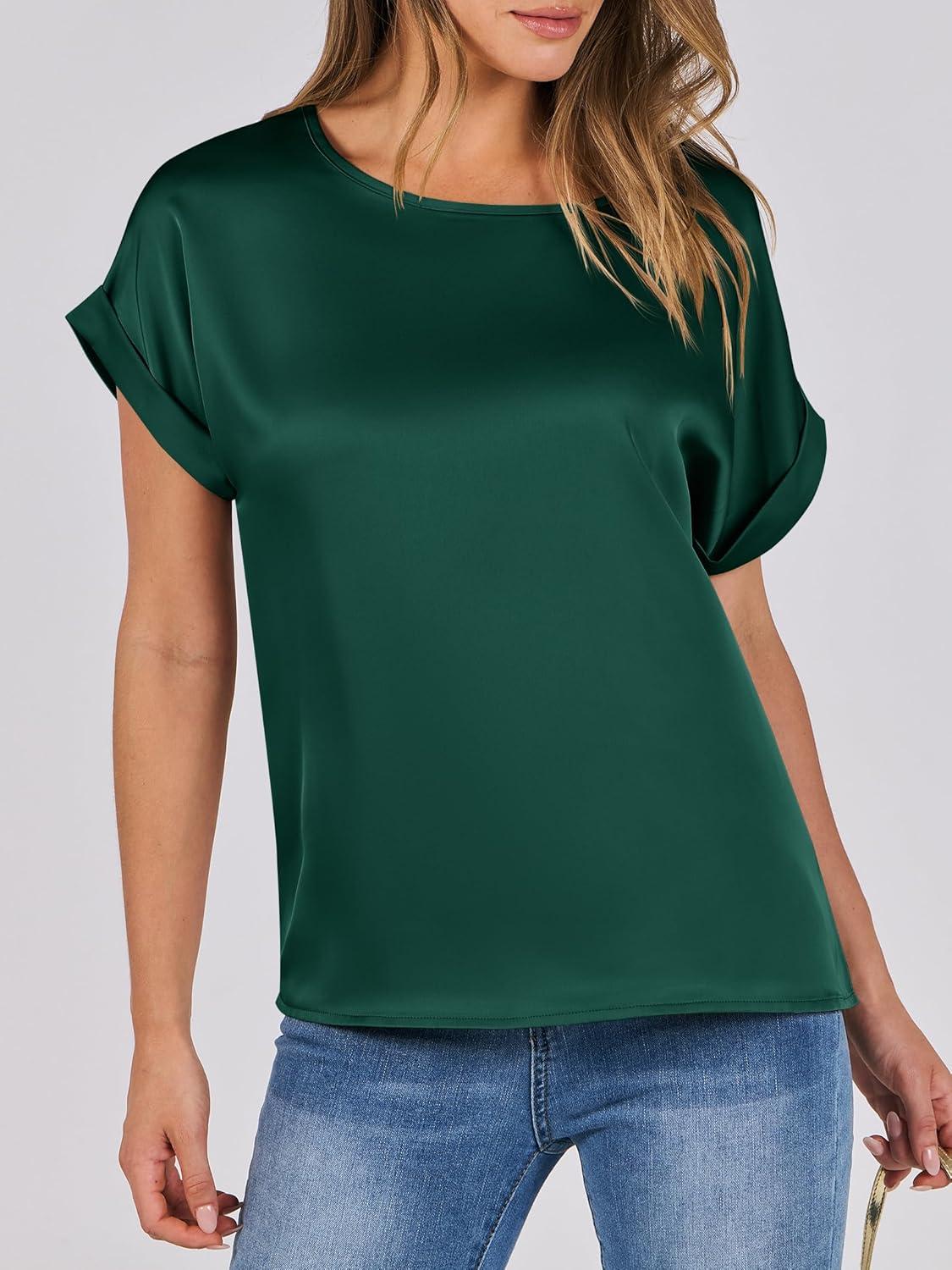 imageANRABESS Womens Summer Dressy Casual Short Sleeve Shirts Crewneck Satin 2025 Business Office Work Blouse TopsGreen