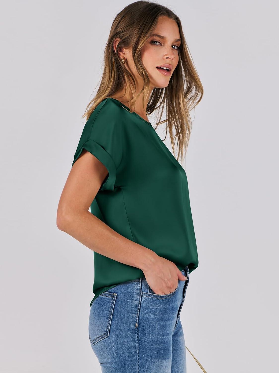 imageANRABESS Womens Summer Dressy Casual Short Sleeve Shirts Crewneck Satin 2025 Business Office Work Blouse TopsGreen