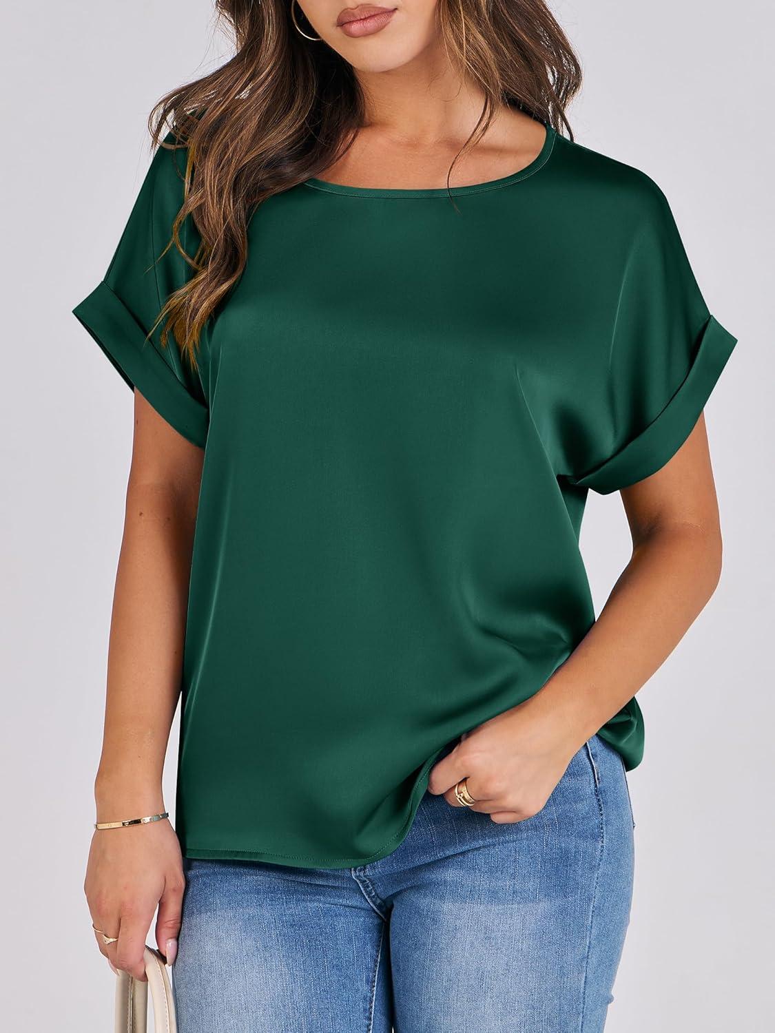 imageANRABESS Womens Summer Dressy Casual Short Sleeve Shirts Crewneck Satin 2025 Business Office Work Blouse TopsGreen