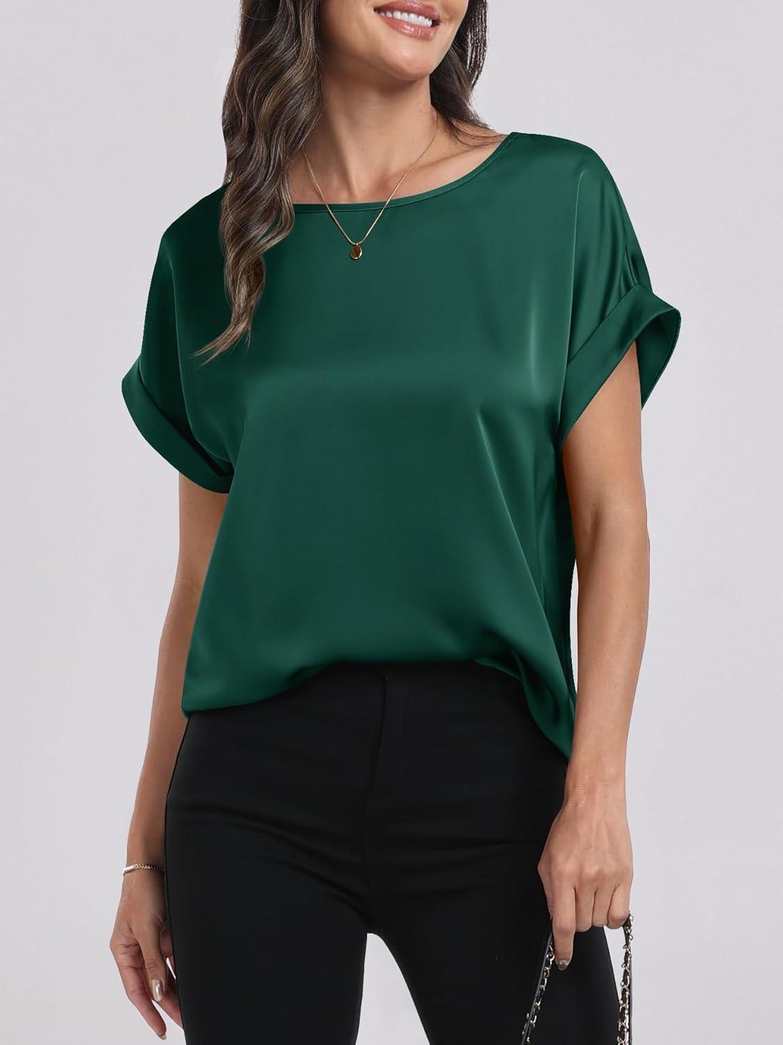 imageANRABESS Womens Summer Dressy Casual Short Sleeve Shirts Crewneck Satin 2025 Business Office Work Blouse TopsGreen