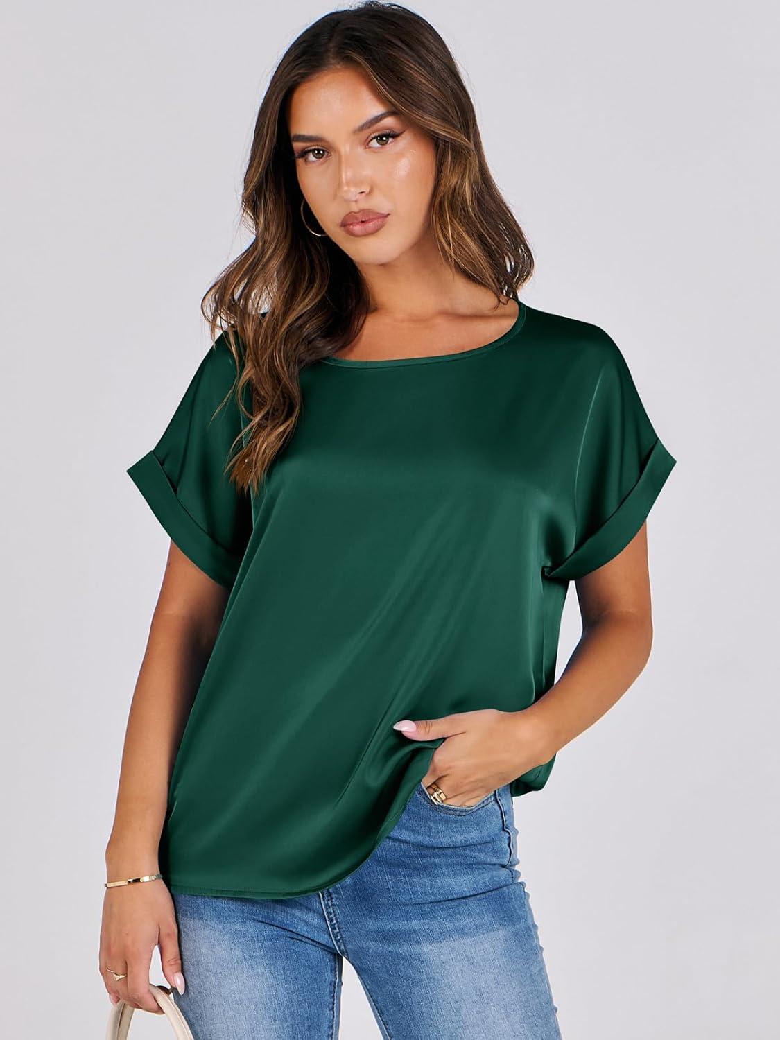 imageANRABESS Womens Summer Dressy Casual Short Sleeve Shirts Crewneck Satin 2025 Business Office Work Blouse TopsGreen