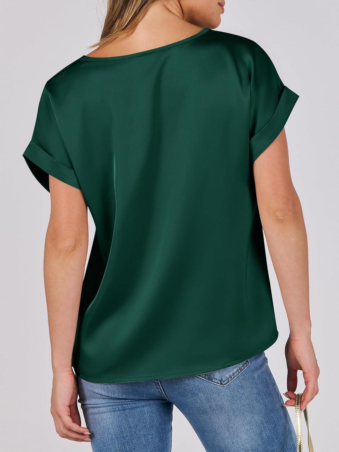 imageANRABESS Womens Summer Dressy Casual Short Sleeve Shirts Crewneck Satin 2025 Business Office Work Blouse TopsGreen