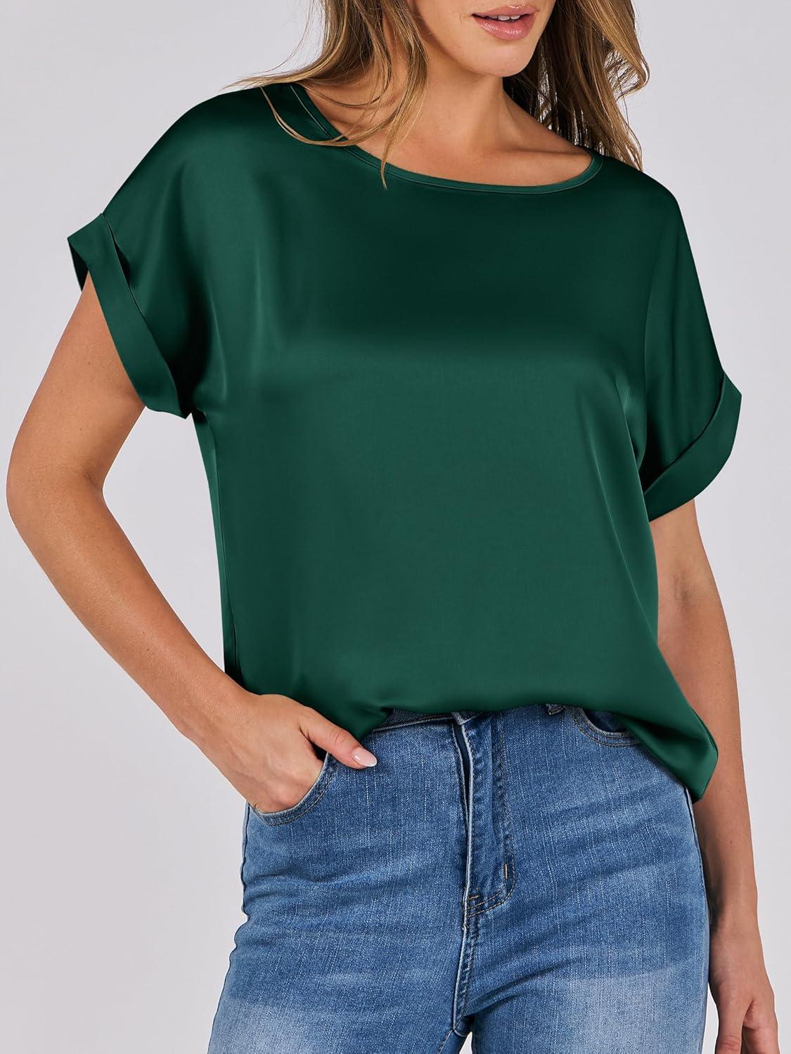 imageANRABESS Womens Summer Dressy Casual Short Sleeve Shirts Crewneck Satin 2025 Business Office Work Blouse TopsGreen