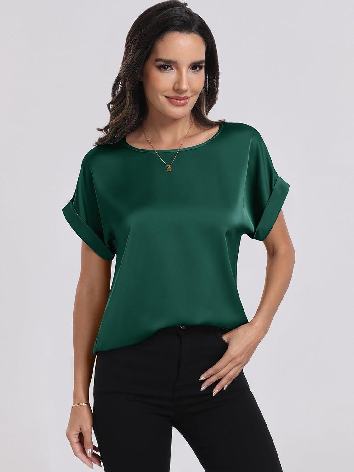 imageANRABESS Womens Summer Dressy Casual Short Sleeve Shirts Crewneck Satin 2025 Business Office Work Blouse TopsGreen