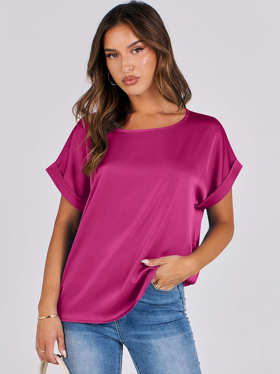 imageANRABESS Womens Summer Dressy Casual Short Sleeve Shirts Crewneck Satin 2025 Business Office Work Blouse TopsHot Pink