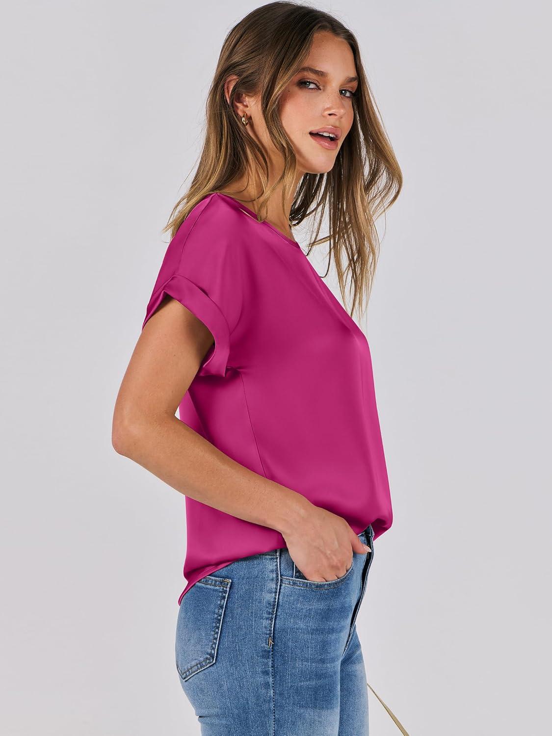 imageANRABESS Womens Summer Dressy Casual Short Sleeve Shirts Crewneck Satin 2025 Business Office Work Blouse TopsHot Pink