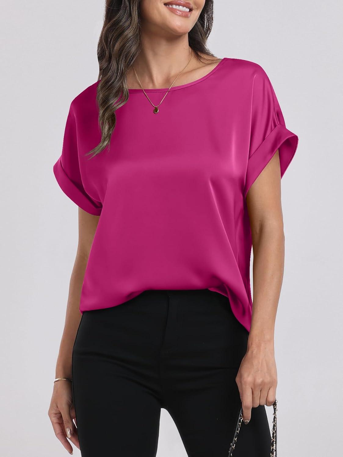 imageANRABESS Womens Summer Dressy Casual Short Sleeve Shirts Crewneck Satin 2025 Business Office Work Blouse TopsHot Pink