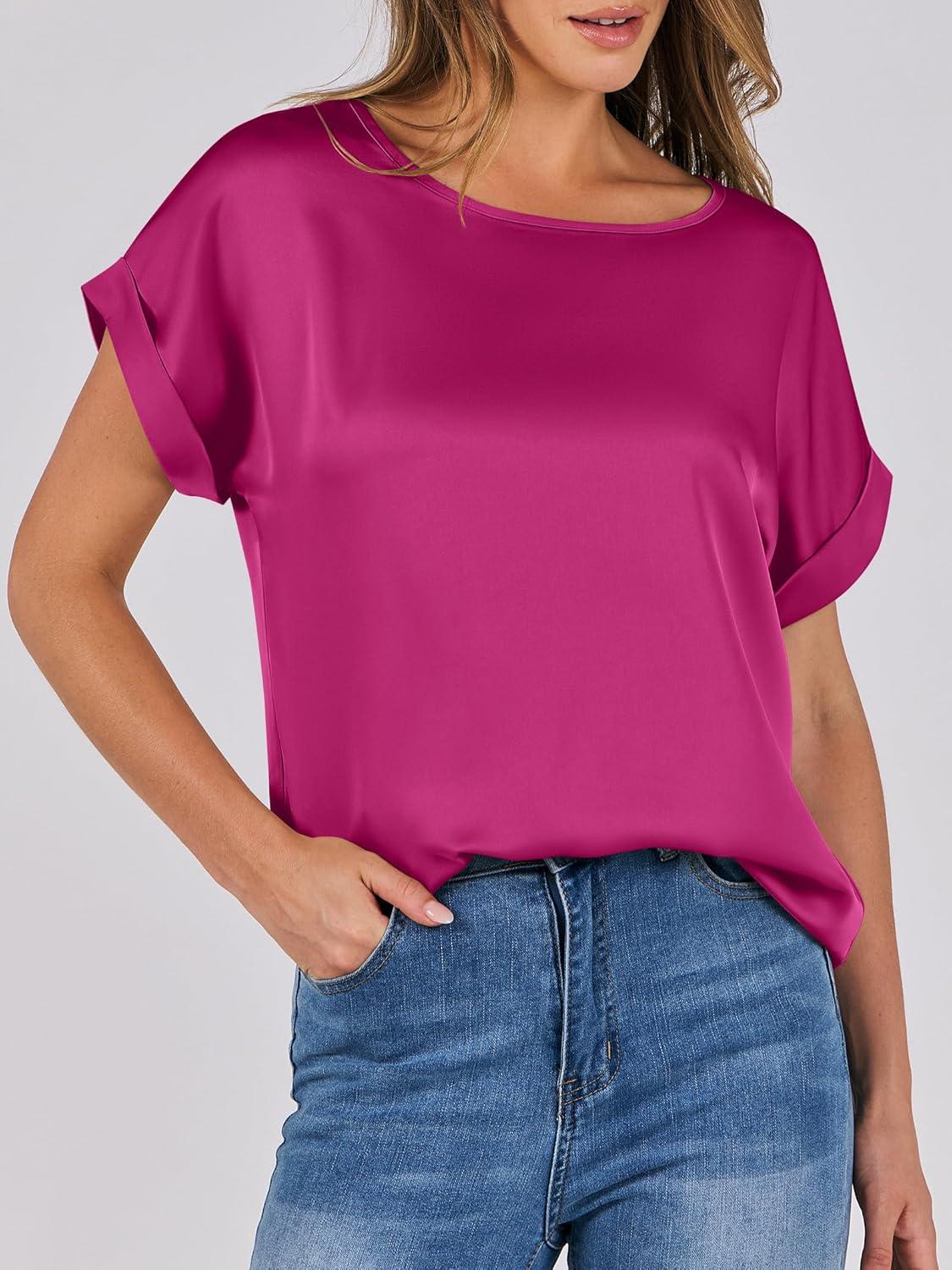 imageANRABESS Womens Summer Dressy Casual Short Sleeve Shirts Crewneck Satin 2025 Business Office Work Blouse TopsHot Pink
