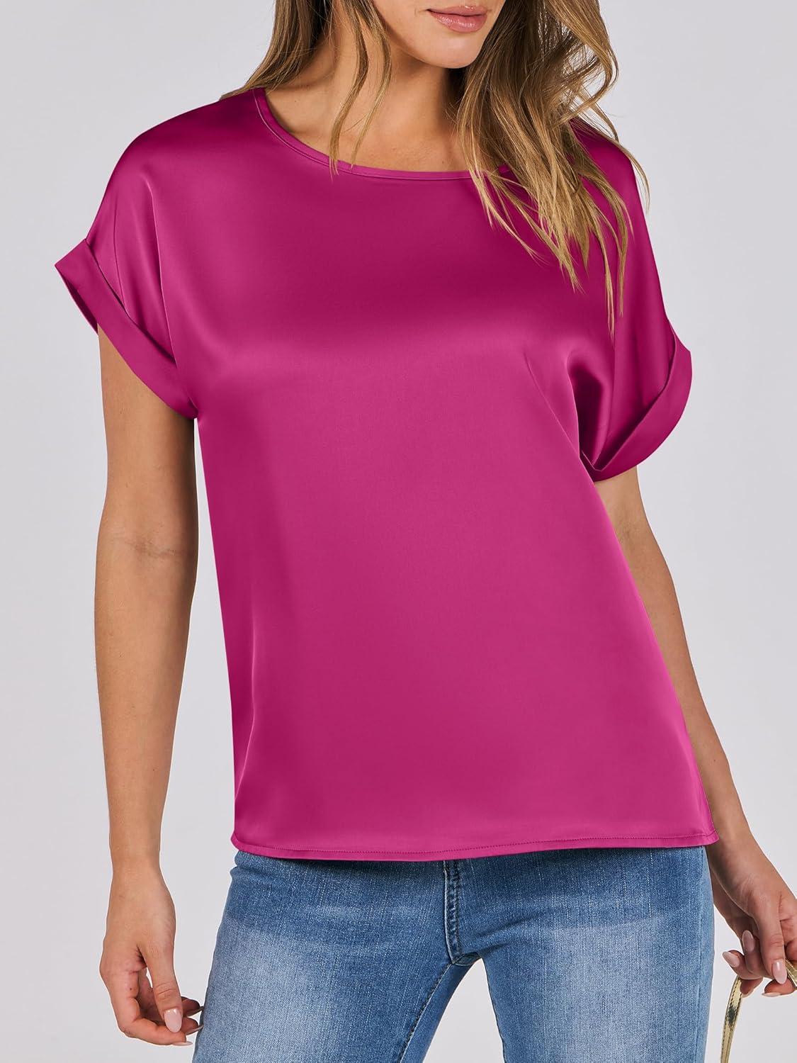 imageANRABESS Womens Summer Dressy Casual Short Sleeve Shirts Crewneck Satin 2025 Business Office Work Blouse TopsHot Pink