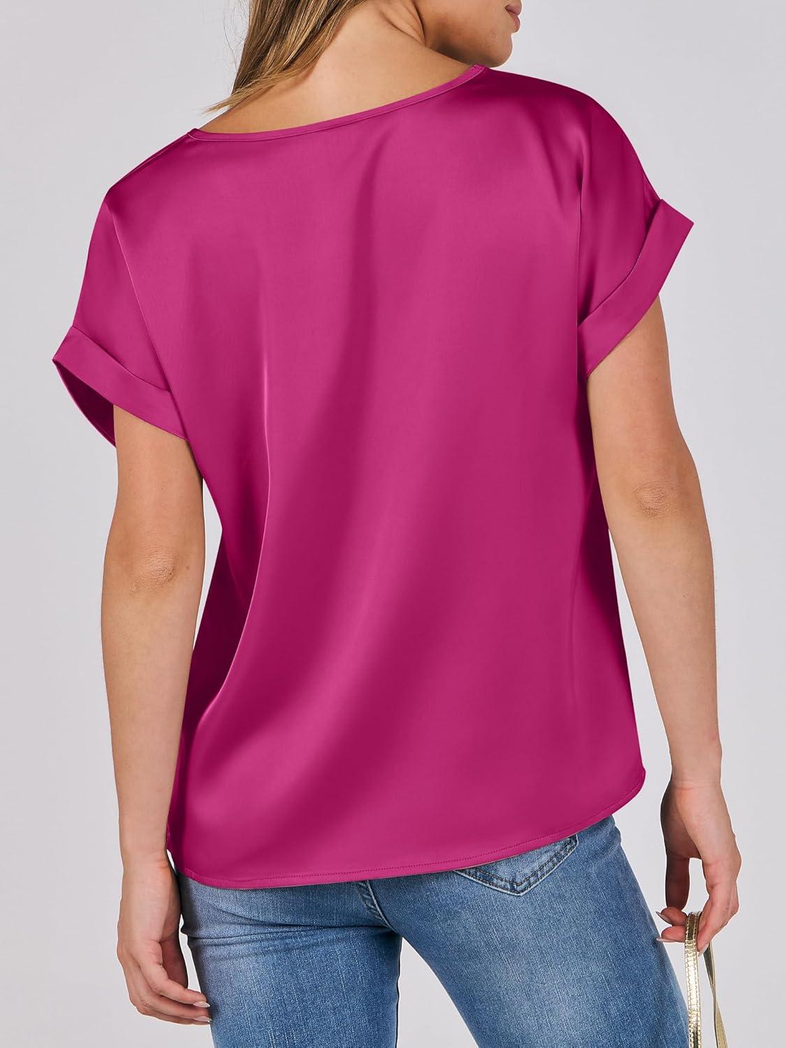 imageANRABESS Womens Summer Dressy Casual Short Sleeve Shirts Crewneck Satin 2025 Business Office Work Blouse TopsHot Pink