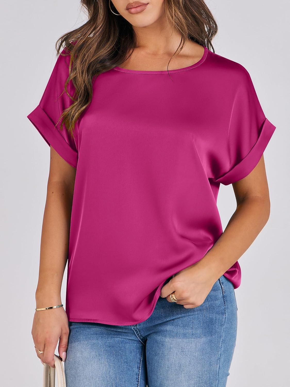 imageANRABESS Womens Summer Dressy Casual Short Sleeve Shirts Crewneck Satin 2025 Business Office Work Blouse TopsHot Pink