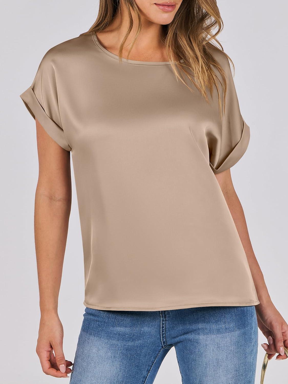 imageANRABESS Womens Summer Dressy Casual Short Sleeve Shirts Crewneck Satin 2025 Business Office Work Blouse TopsKhaki