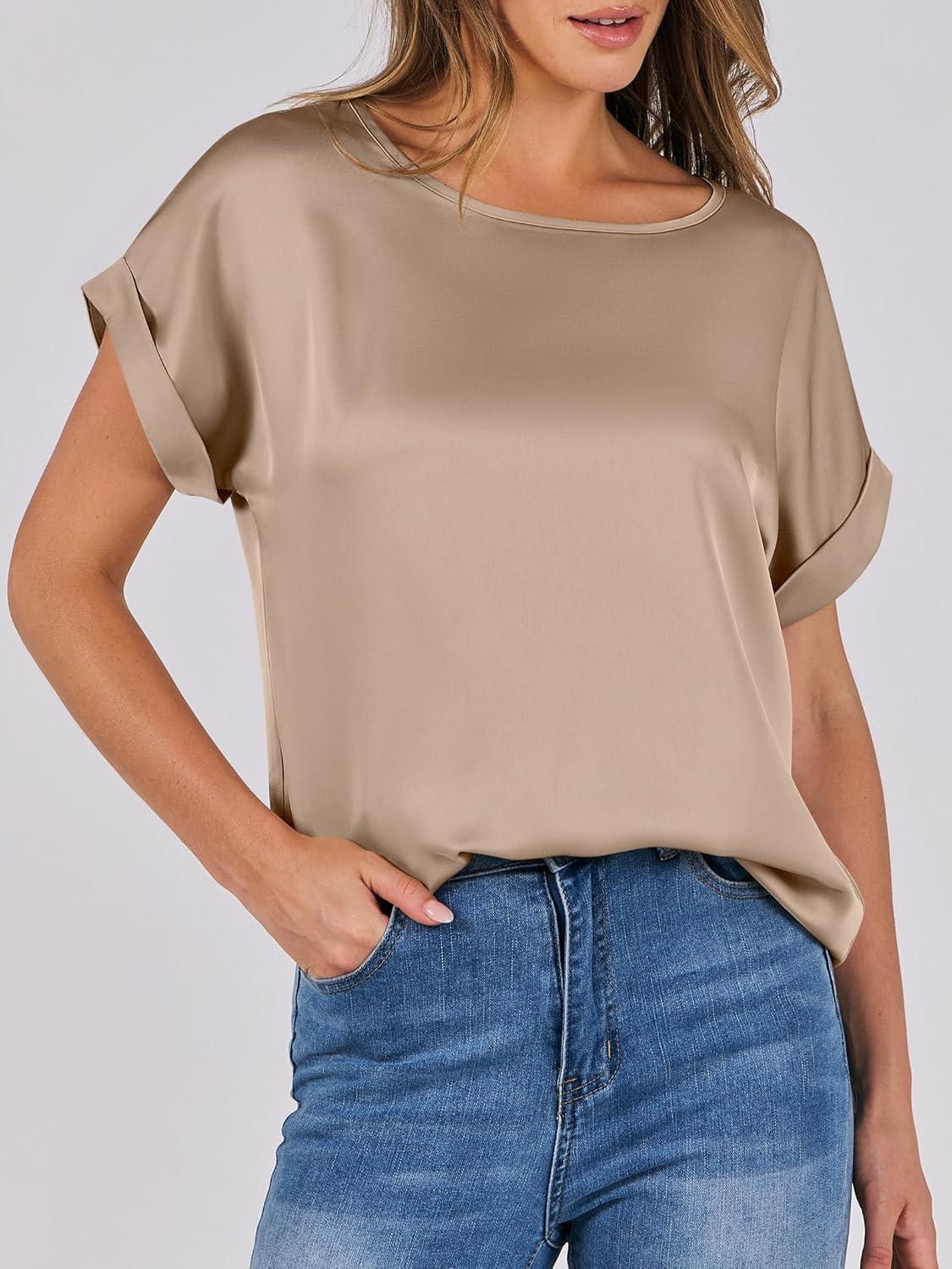 imageANRABESS Womens Summer Dressy Casual Short Sleeve Shirts Crewneck Satin 2025 Business Office Work Blouse TopsKhaki