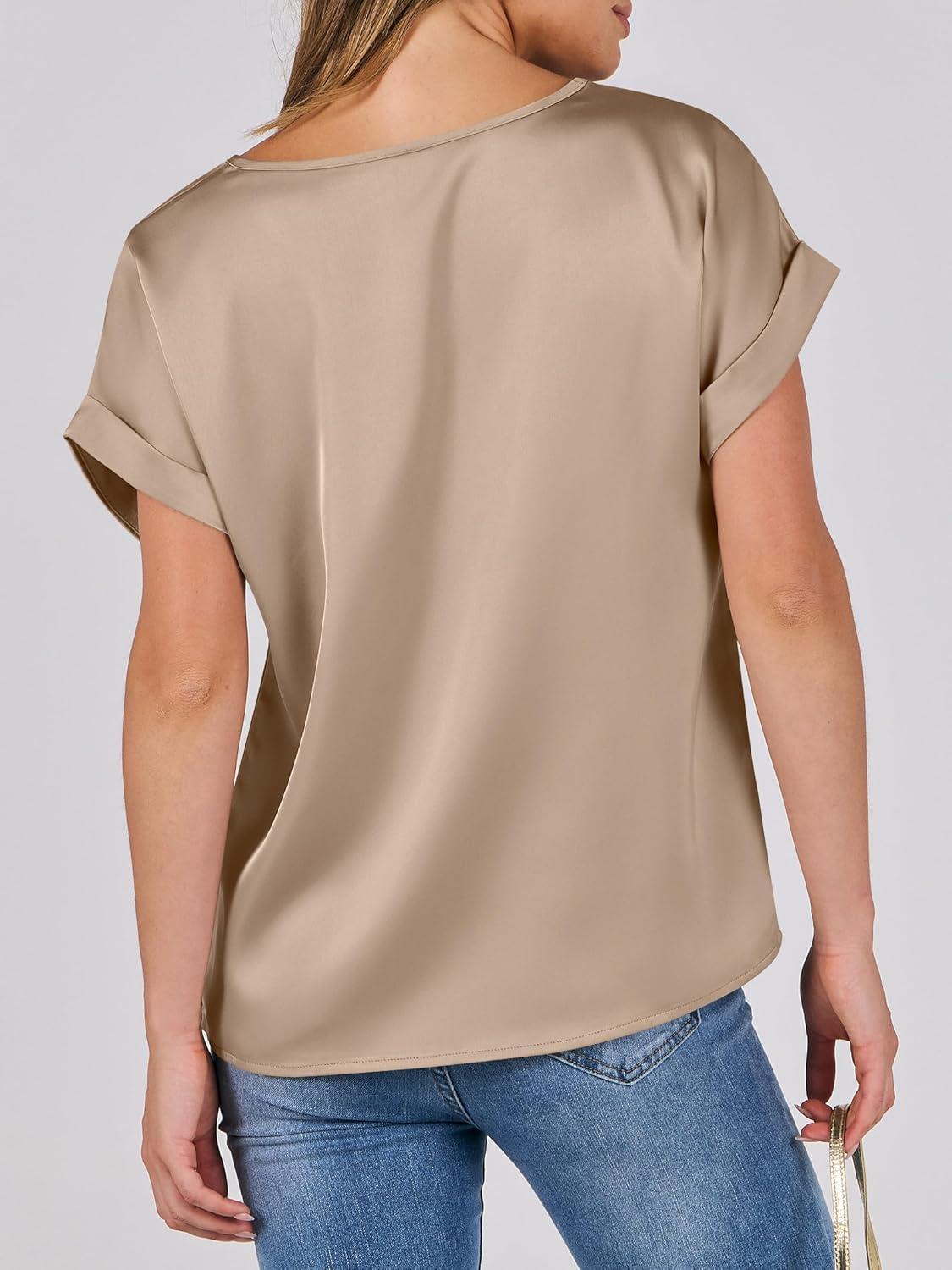 imageANRABESS Womens Summer Dressy Casual Short Sleeve Shirts Crewneck Satin 2025 Business Office Work Blouse TopsKhaki