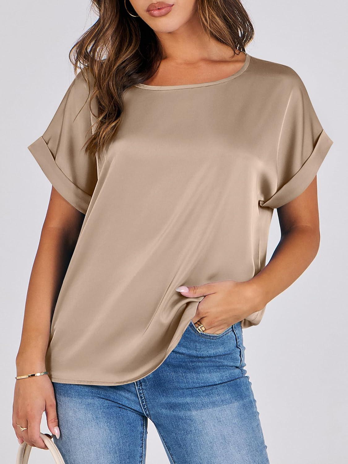 imageANRABESS Womens Summer Dressy Casual Short Sleeve Shirts Crewneck Satin 2025 Business Office Work Blouse TopsKhaki