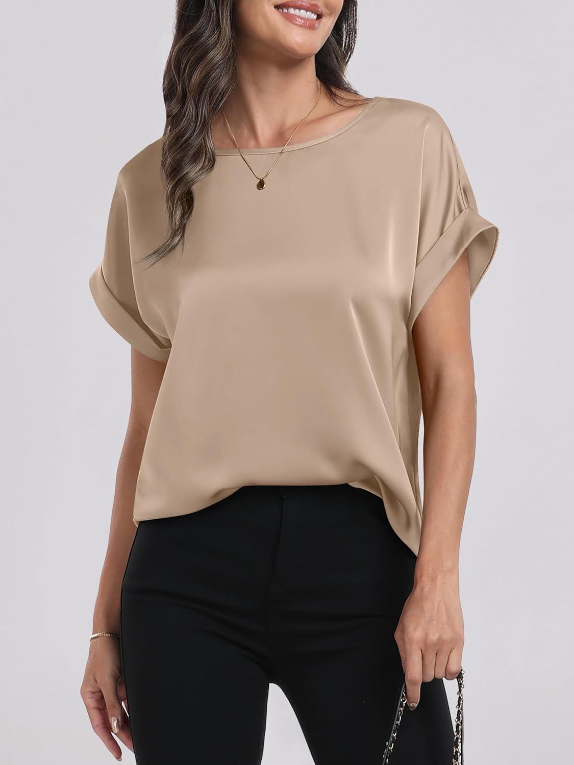 imageANRABESS Womens Summer Dressy Casual Short Sleeve Shirts Crewneck Satin 2025 Business Office Work Blouse TopsKhaki