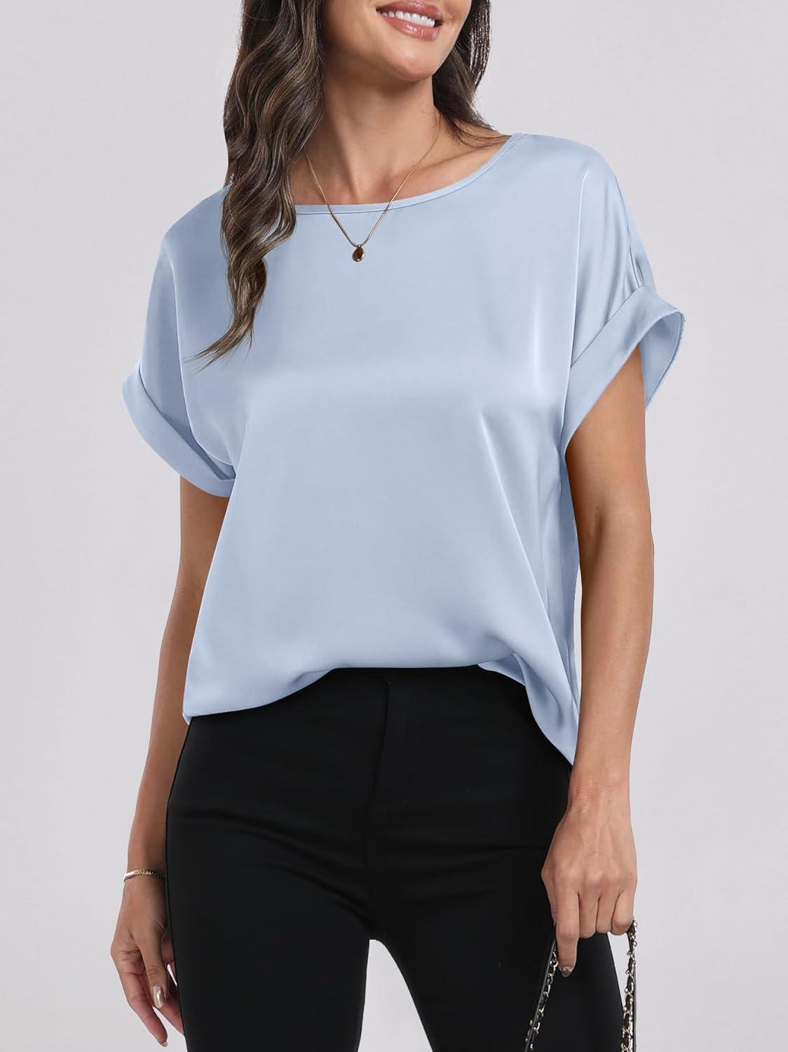imageANRABESS Womens Summer Dressy Casual Short Sleeve Shirts Crewneck Satin 2025 Business Office Work Blouse TopsLight Blue