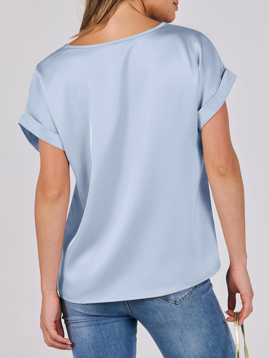 imageANRABESS Womens Summer Dressy Casual Short Sleeve Shirts Crewneck Satin 2025 Business Office Work Blouse TopsLight Blue