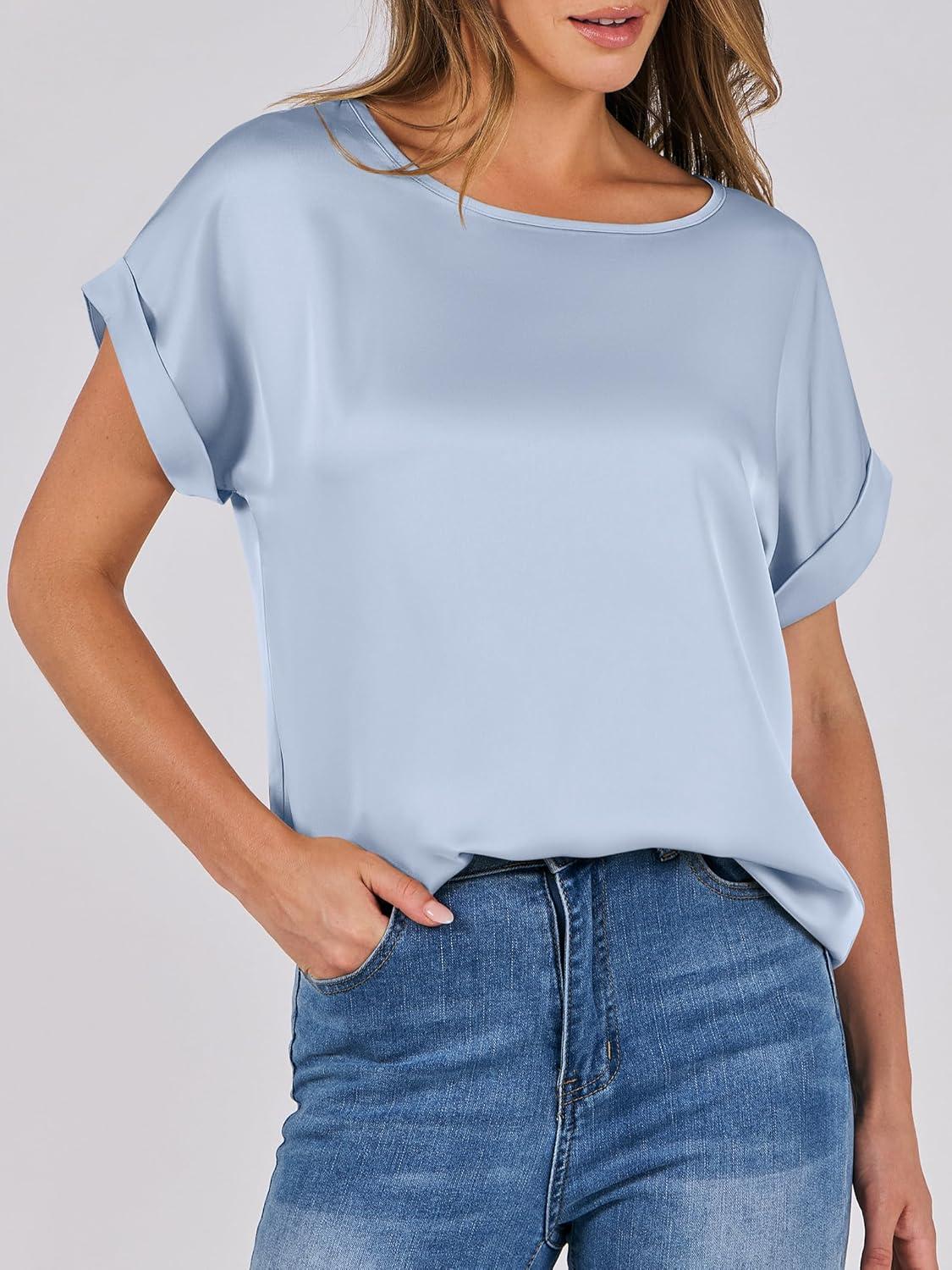 imageANRABESS Womens Summer Dressy Casual Short Sleeve Shirts Crewneck Satin 2025 Business Office Work Blouse TopsLight Blue