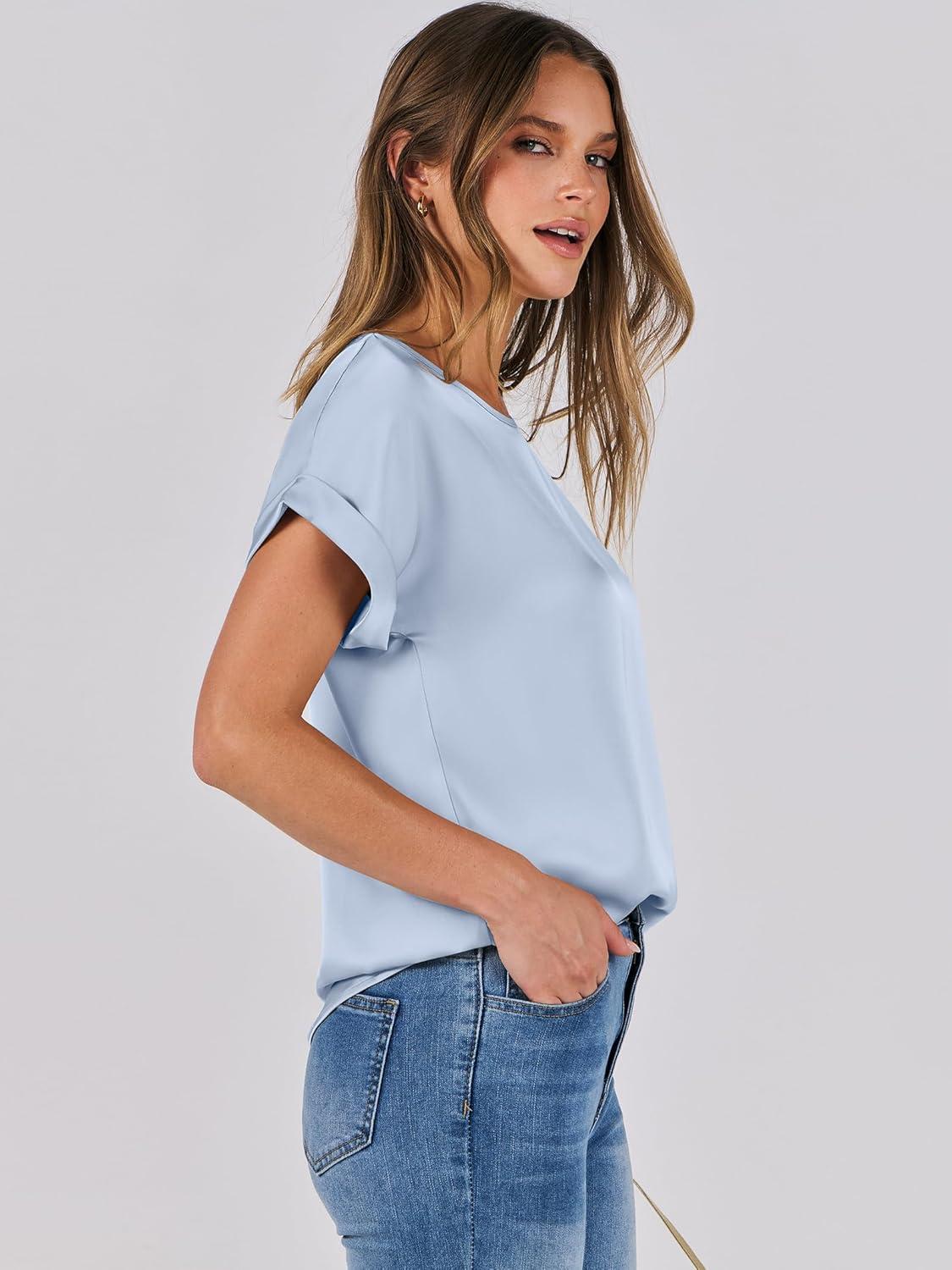 imageANRABESS Womens Summer Dressy Casual Short Sleeve Shirts Crewneck Satin 2025 Business Office Work Blouse TopsLight Blue