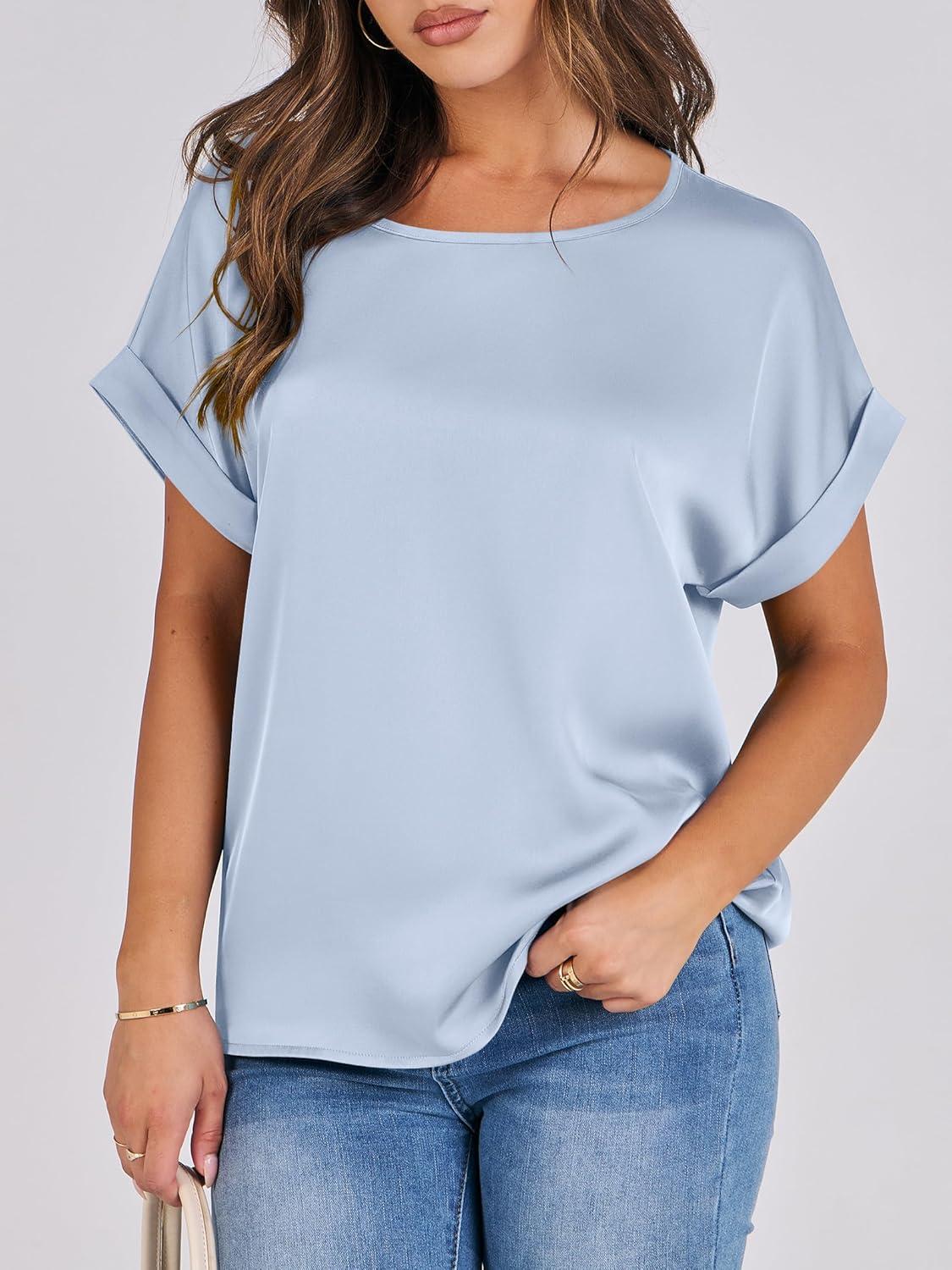 imageANRABESS Womens Summer Dressy Casual Short Sleeve Shirts Crewneck Satin 2025 Business Office Work Blouse TopsLight Blue