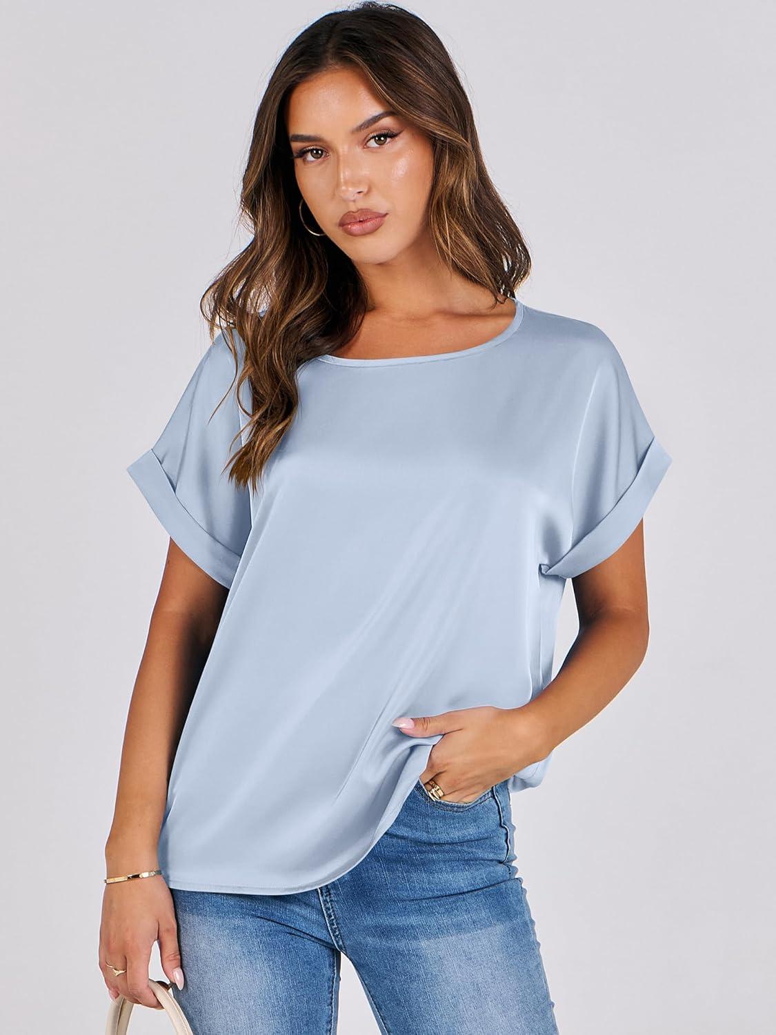 imageANRABESS Womens Summer Dressy Casual Short Sleeve Shirts Crewneck Satin 2025 Business Office Work Blouse TopsLight Blue