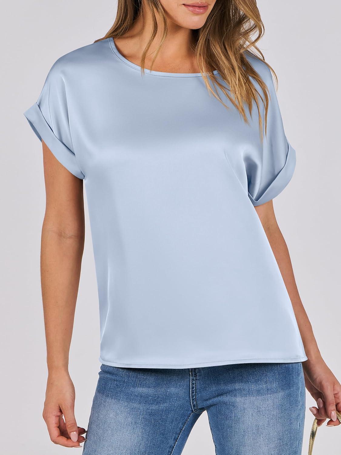imageANRABESS Womens Summer Dressy Casual Short Sleeve Shirts Crewneck Satin 2025 Business Office Work Blouse TopsLight Blue