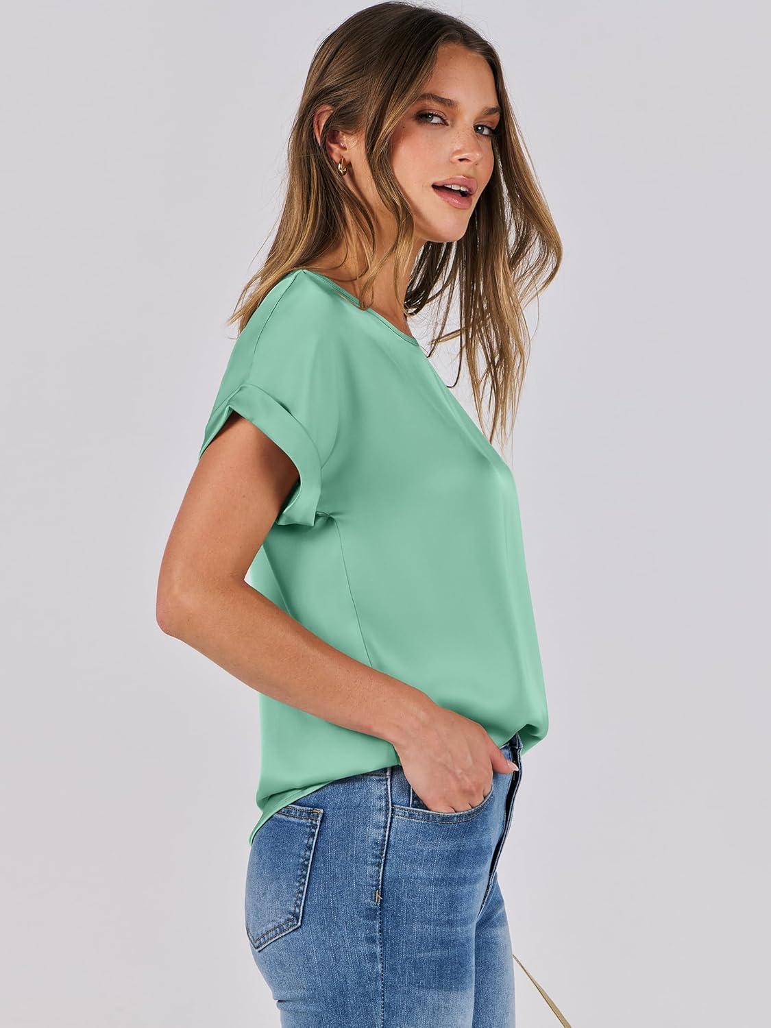 imageANRABESS Womens Summer Dressy Casual Short Sleeve Shirts Crewneck Satin 2025 Business Office Work Blouse TopsLight Green